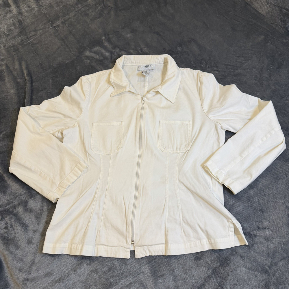 Vtg Sag Harbor Stretch Jacket Women Sz 12 White Full zip Utility Jacket Y2K